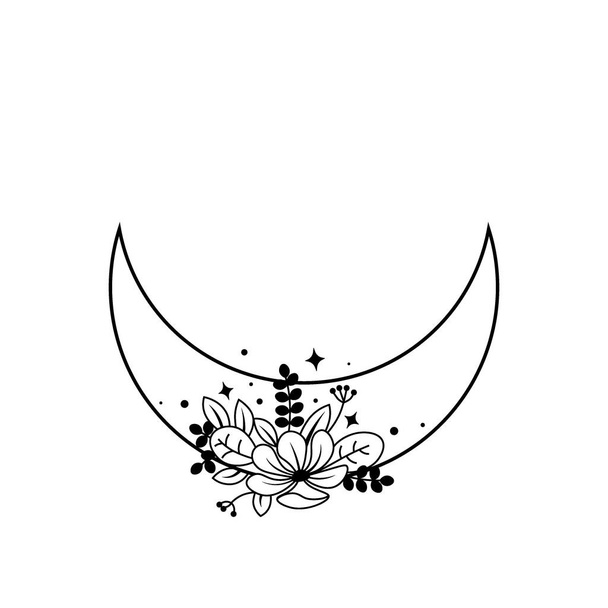 Boho moon with flowers and leaves. Mystic vector illustration on white background. With art with crescent moon. Floral magical artwork for spiritual poster, logo, fabric print, tattoo, web site. - Διάνυσμα, εικόνα
