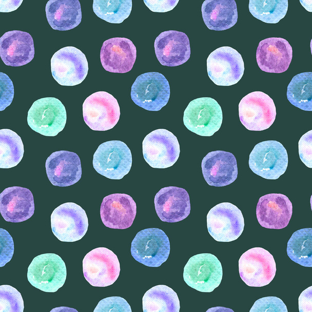 Seamless pattern of circles, watercolor stains, soap bubbles on a dark green background. Textile, wrapping paper. - Fotó, kép