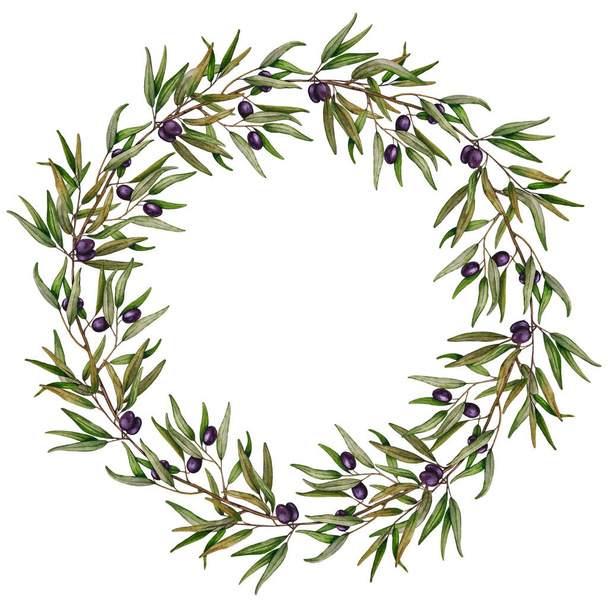 Watercolor wreath of olive branches with fruits. Hand painted floral circle border with olive fruit and tree branches isolated on white background. For design, print and fabric, wedding invites, log - Foto, Imagem