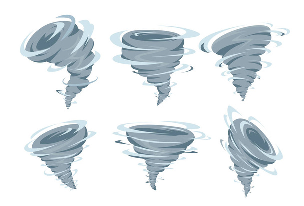 Set of vortex from different formy on white background. Vector tornado or hurricane in cartoon style. - Vektör, Görsel