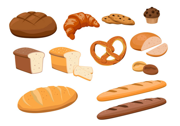 Set of fresh and tasty bakery products on white background. Vector rye and wheat bread, croissant, pretzel, muffin, roll, toast bread, baguette and cookies in cartoon style. - Vettoriali, immagini