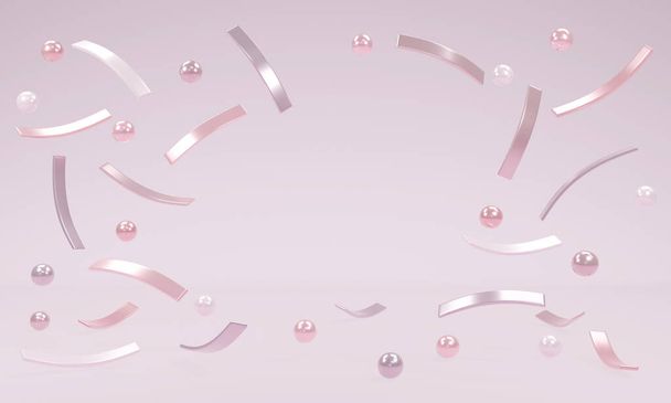 Концепция 3D рендеринга пастельной рамки Confetti. Красочные и блестящие геометрические конфетти падают на розовый фон. Элементы праздничного дизайна для веб, коммерческого дизайна. - Фото, изображение