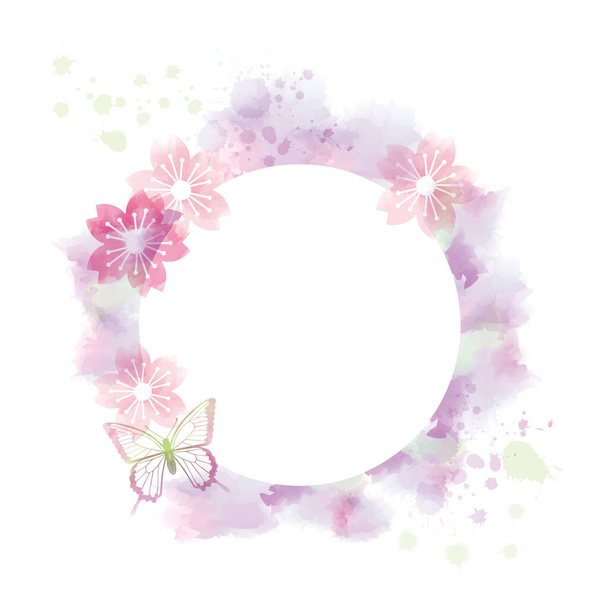 Watercolor style frame of cherry blossoms and butterfly - Vector, Image