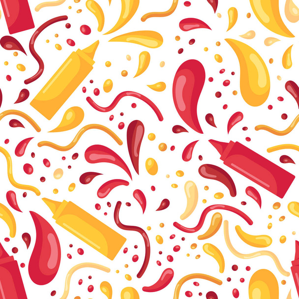   Patrón sin costuras con comida rápida y salpicaduras de mostaza y ketchup en botellas de plástico para salsas en un estilo plano aislado sobre un fondo blanco - Vector, imagen