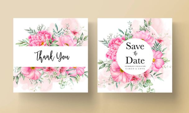 Hochzeitseinladungskarte Set Vorlage mit schönen Blumen und Blättern Aquarell - Vektor, Bild