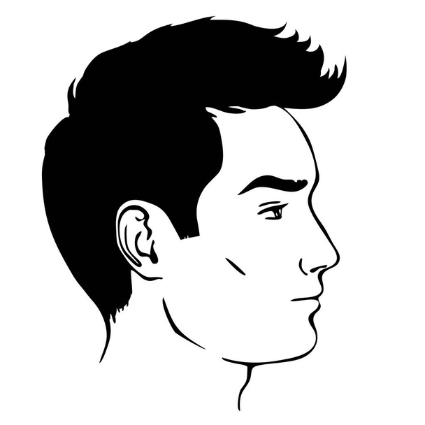 Kreslený profilový portrét mladého muže. Hlava s moderním účesem. Krásná tvář. Vektorové izolované umělecké ilustrace ručně kreslené. Černá a bílá - Vektor, obrázek