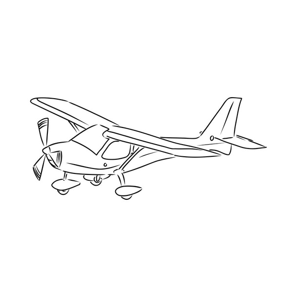 Light single-engine aircraft with pilot flies against the background of an abstract landscape. Vector illustration. - Вектор,изображение