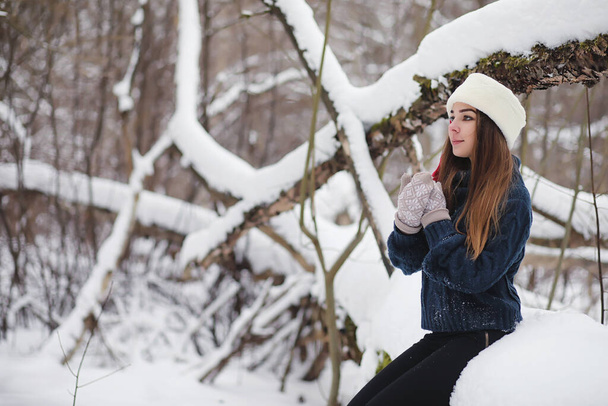 Uma menina em um parque de inverno em uma caminhada. Férias de Natal na floresta de inverno. Menina gosta de inverno no parque - Foto, Imagem