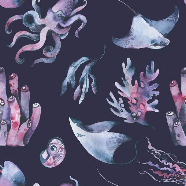 Sea, nautical, marine pattern with isolated hand painted watercolor - Φωτογραφία, εικόνα