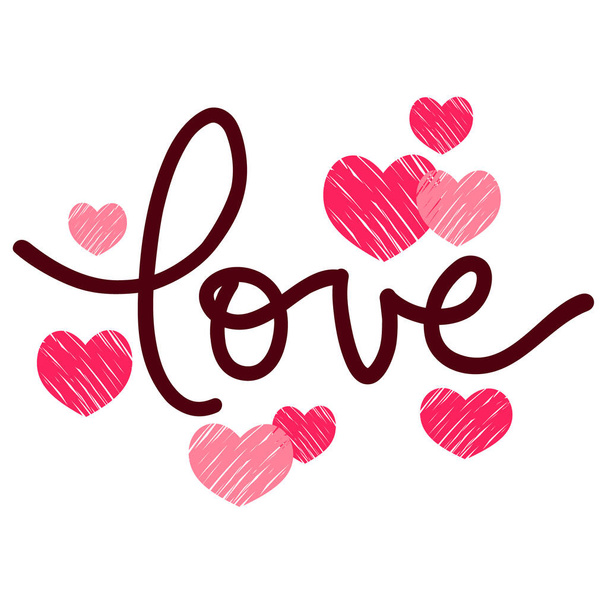 Valentine card, doodle pink heart on white background, hand written lettering "Love" Valentin`s day love romantic background, vector illustration for t-shirt print, invitation. - Vektori, kuva