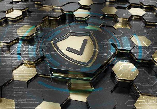 Shield icon concept engraved on black and gold hexagonal pedestral background. Security Logo glowing on abstract digital surface. 3d rendering - Foto, afbeelding