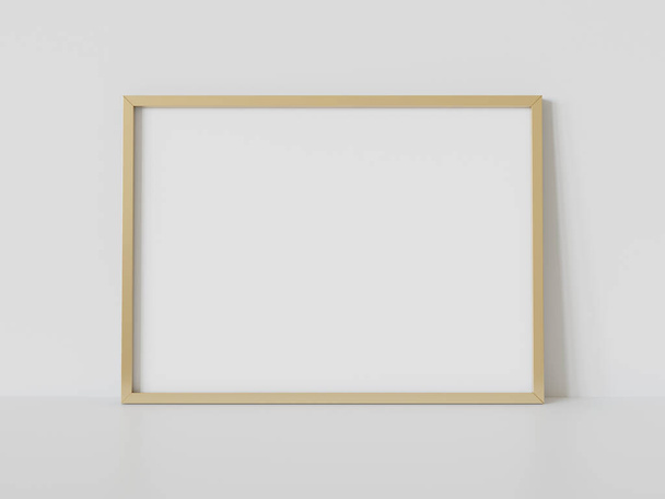 Golden rectangular frame leaning on white floor in interior mockup. Template of a picture framed on a wall 3D rendering - Foto, Bild