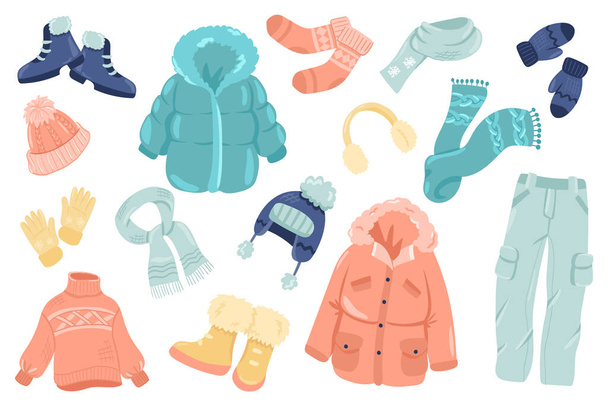 Зимняя одежда милые наклейки изолированный набор. Коллекция обуви, носков, шарфа, варежки, перчатки, шляпы, свитера, наушников. Теплая сезонная одежда в гардеробе. Иллюстрация в плоском дизайне мультфильма - Фото, изображение