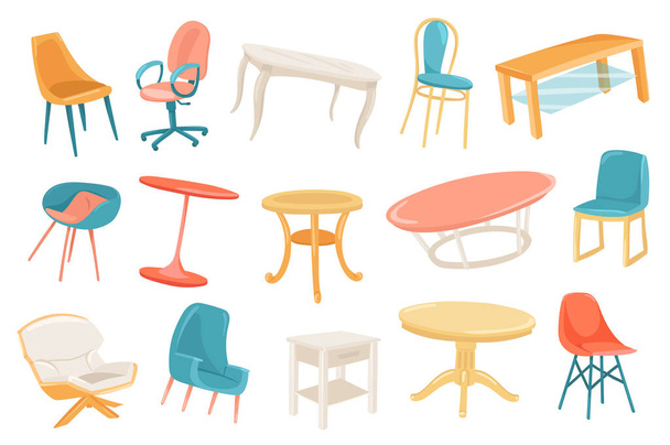 Мебель милые наклейки изолированный набор. Коллекция стульев и столов разных типов. Стильный современный дизайн интерьера для гостиной или столовой. Иллюстрация в плоском дизайне мультфильма - Фото, изображение
