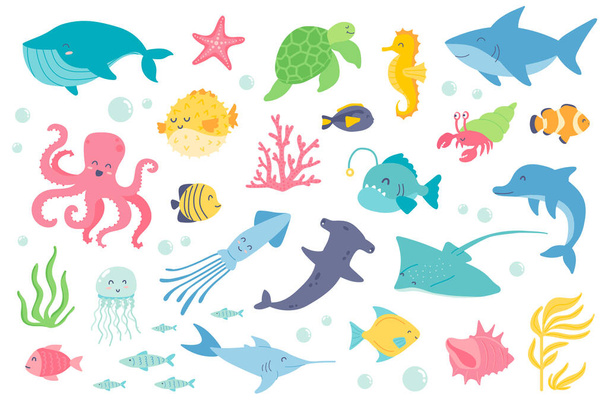 水中動物や魚の隔離されたオブジェクトを設定します。鯨、ヒトデ、カメ、シーホース、サメ、タコ、クラゲ、イルカ、サンゴのコレクション。平面漫画におけるデザイン要素のイラスト - 写真・画像