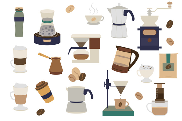 Set di elementi isolati di caffè. Raccolta di diversi tipi di bevande al caffè in tazze e attrezzature per la preparazione. Assortimento di composizioni di negozi o caffè. Illustrazione nel disegno piatto del fumetto - Foto, immagini