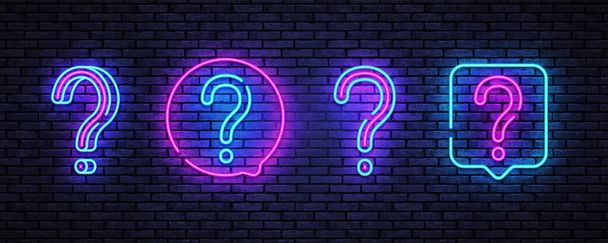 Modern question neon, great design for any purposes. Ask help sign. Blue background. Question neon on light background. Exclamation mark. Vector modern banner. Game frame - ベクター画像