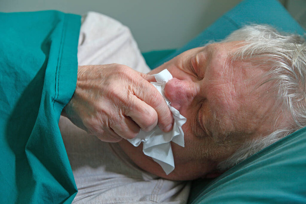 Senior sostiene tejido a su nariz líquida mientras descansa - Foto, Imagen
