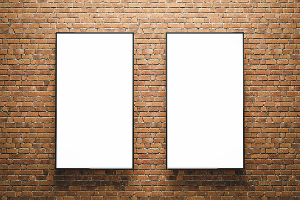 Representación 3D. Burla de dos carteles publicitarios verticales en blanco o pantallas en la pared de ladrillos. Fácil de editar - Foto, Imagen
