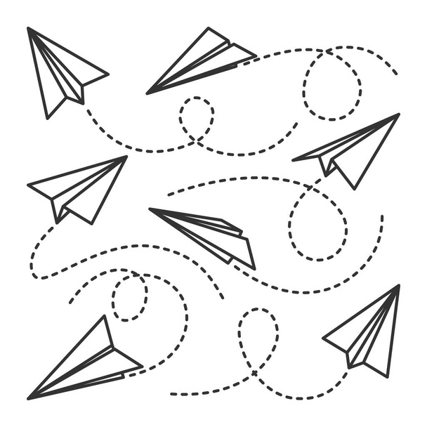 Varios planos de papel dibujados a mano. Aviones doodle negros con línea de ruta punteada. Icono de avión, siluetas planas monocromas simples. Esquema, línea de arte. Ilustración vectorial. - Vector, Imagen
