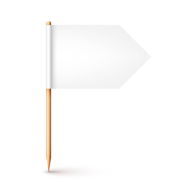 Palillo de madera realista con bandera de papel blanco. Marca de ubicación, puntero de mapa. maqueta en blanco para publicidad y promociones. Ilustración vectorial - Vector, imagen