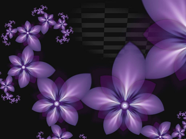 Fraktális kép virágokkal a sötét háttérben.Sablon hely beillesztésére a szöveg.Multicolor virágok. Fraktális művészet mint háttér. - Fotó, kép