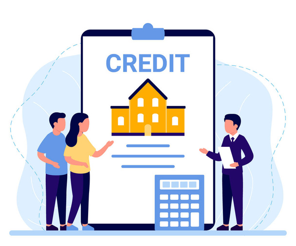 Bank money credit on property house, loan financial consumer document. Percent, good interest rate, interest-free mortgage. Loan agreement real estate. Vector illustration - Vettoriali, immagini