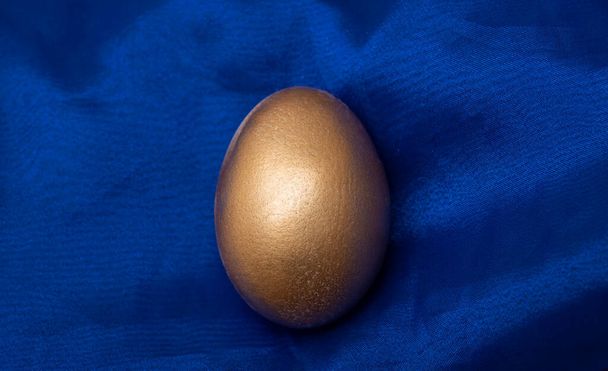 Golden egg micro view on blue velvet background. - Fotografie, Obrázek