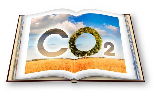 Zmniejszenie emisji CO2 - koncepcja 3D renderowania otwartego fotobooka z tekstem ikony CO2 i kształtem drzewa na obszarach wiejskich - Zdjęcie, obraz