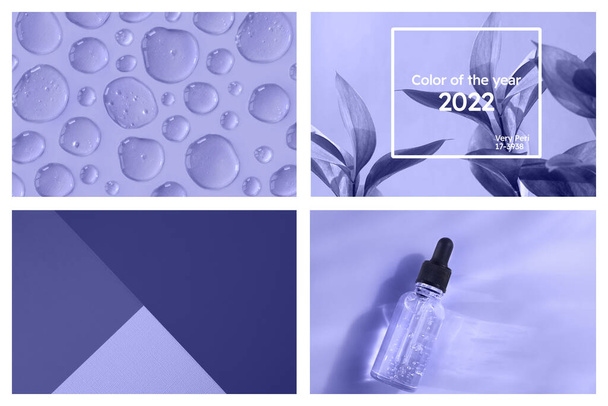 Χρώμα του έτους 2022 κολάζ. Ανοιχτό βιολετί μπλε εικόνες με bokeh φώτα, λουλούδια, ύφασμα, χαρτί και καλλυντικά υπόβαθρα - Φωτογραφία, εικόνα