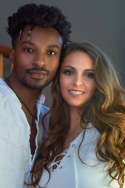 young couple african man and caucasian woman handsome people portrait - Foto, Imagem