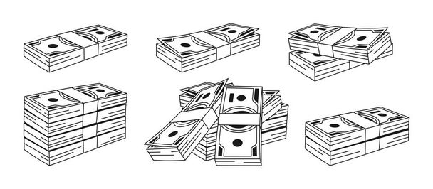 Money cash dollar pile cartoon doodle outline set paper stack banknotes bundle bill flat currency - Вектор,изображение