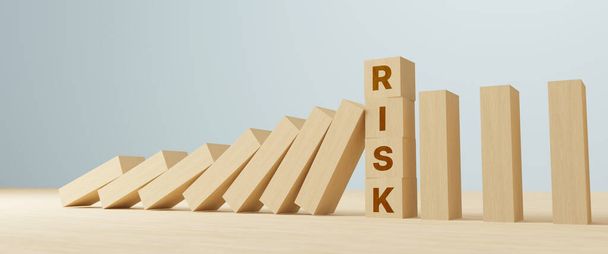 Concepto de gestión de riesgos. Bloque de madera que detiene el efecto dominó para los negocios. ilustración de renderizado 3d - Foto, imagen
