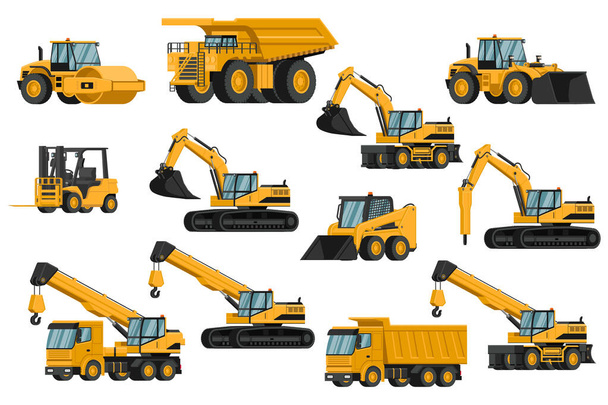 Set of heavy machinery 3d, truck, soil compactor, backhoe, excavator, forklift, front loader, crane, hammer, for construction and mining - Vector, afbeelding