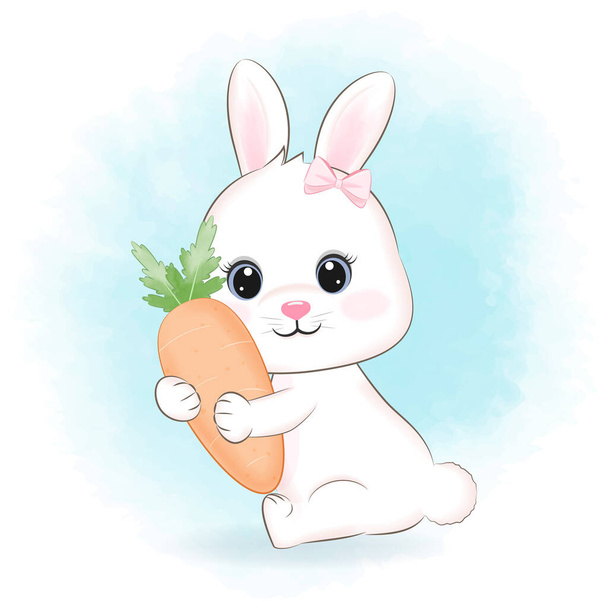 Cute Little Bunny with carrot cartoon illustration - Διάνυσμα, εικόνα