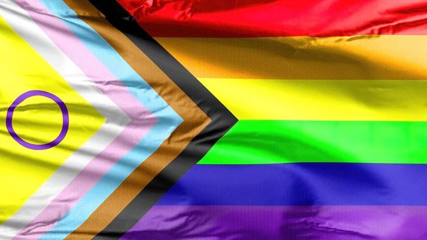 LGBT Rainbow Flag met inclusie en progressie kleuren. Symbool van Intersex Inclusieve, lesbische, homoseksuele, biseksuele en transgender gemeenschap. Gemarginaliseerde LGBT Zwart en bruin. - Foto, afbeelding