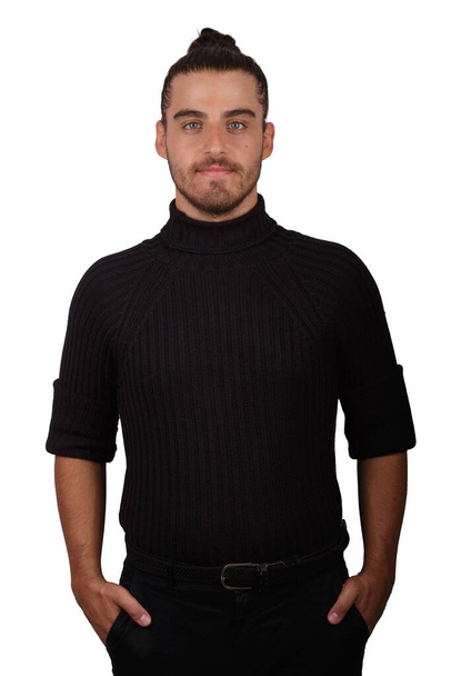 man in black jersey with white background making funny gestures- - Foto, Imagen