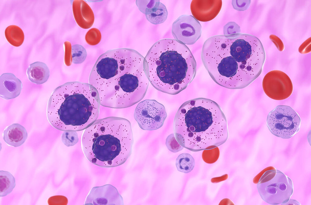 Mnohočetné myelomové buňky shluk v průtoku krve - izometrický pohled 3d ilustrace - Fotografie, Obrázek