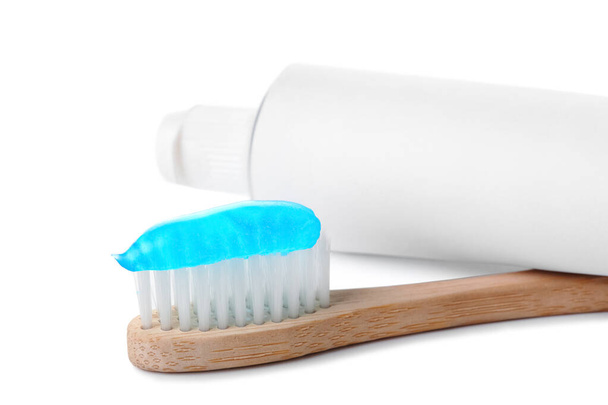 Tooth brush and paste on white background, closeup - Photo, Image