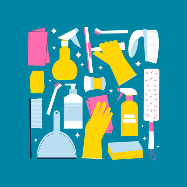 Cleaning supplies sticker. Hands in gloves, brush and detergent bottles. - Vector, Image