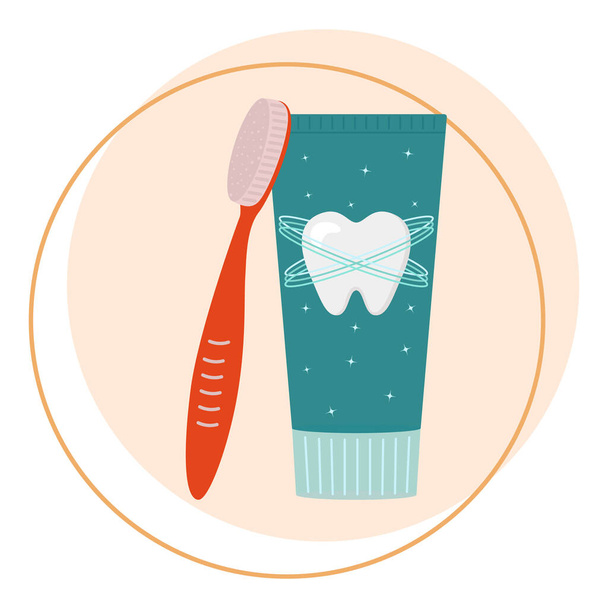 Cepillo de dientes con pasta de dientes aislada sobre fondo blanco. Herramientas dentales - Vector, imagen