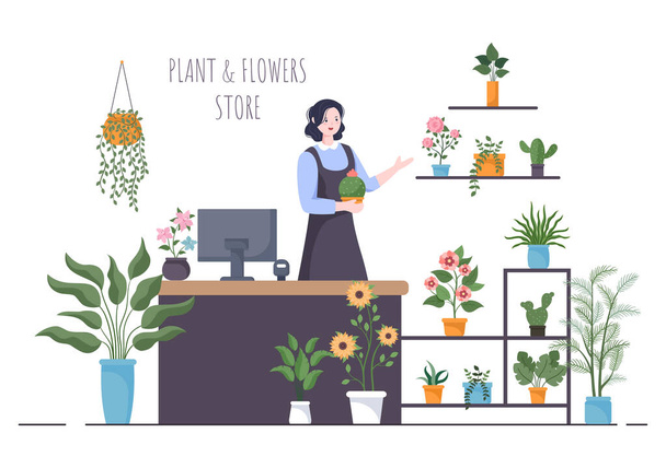 Flowers Store and Plants Shop with Florists Care, Organic Natural Products for Home Garden Green Decoration in Flat Background Vector Illustration - Vektor, Bild