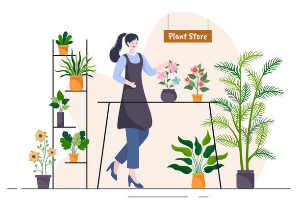 Tienda de Flores y Plantas Tienda con Cuidado de Floristas, Productos Naturales Ecológicos para Hogar Jardín Decoración Verde en Fondo Plano Vector Ilustración - Vector, Imagen