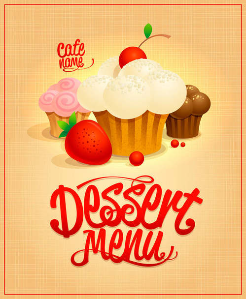 Dessert menu cover vector design concept. Cupcakes, cakes and berries - Vektori, kuva