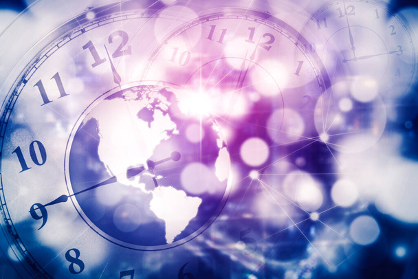 Double exposure of earth globe and clock in the cyberspace with blurred sparkling light background - Фото, изображение