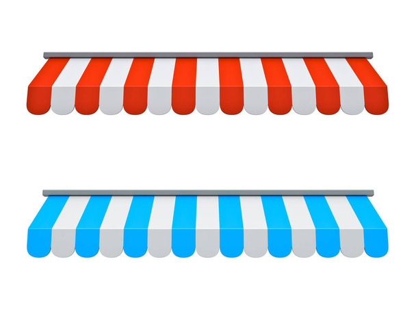 Набір концепцій магазину червоних і синіх смугастих тентів ізольовані на білому тлі 3D рендерингу
 - Фото, зображення