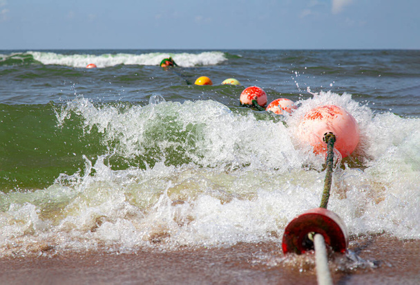 buoys on a rope go into the sea in the waves from the coast - Fotoğraf, Görsel