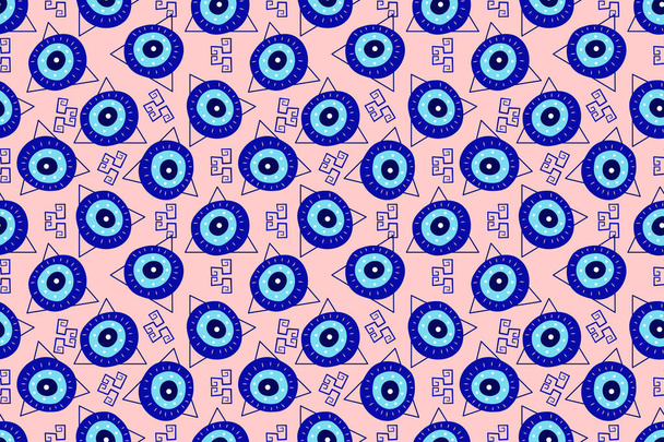 Isolated greek amulet evil eye seamless pattern.Turkish eye in a blue pyramid for amulet and protection in endless pattern. Vector illustration in a flat style. - Vector, afbeelding