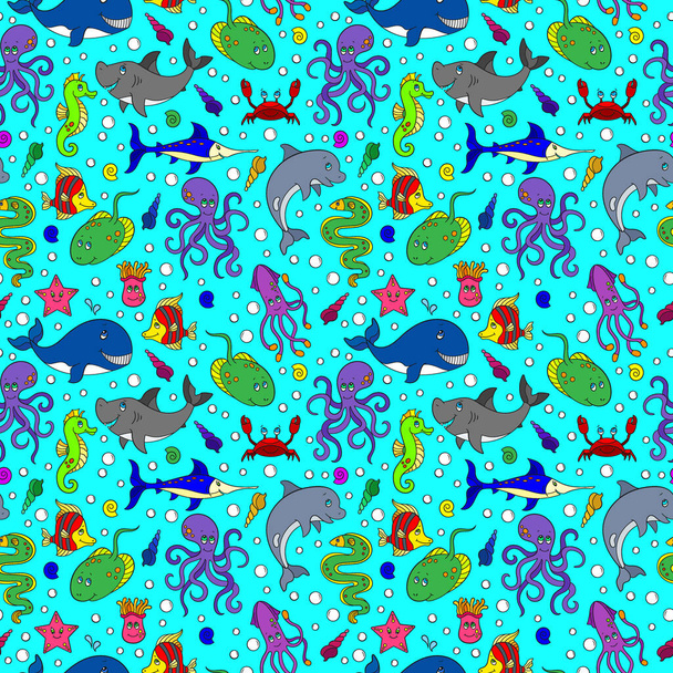 nahtloses Muster mit Meereswesen, lustigen Cartoon-Tieren auf blauem Hintergrund - Vektor, Bild