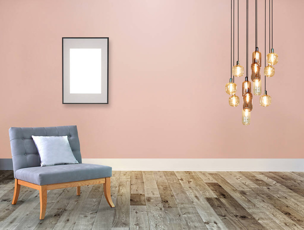 nuovo vuoto soggiorno decorazione d'interni pavimento in legno, concetto muro di pietra. sfondo decorativo per la casa, ufficio e hotel. Illustrazione 3D - Foto, immagini